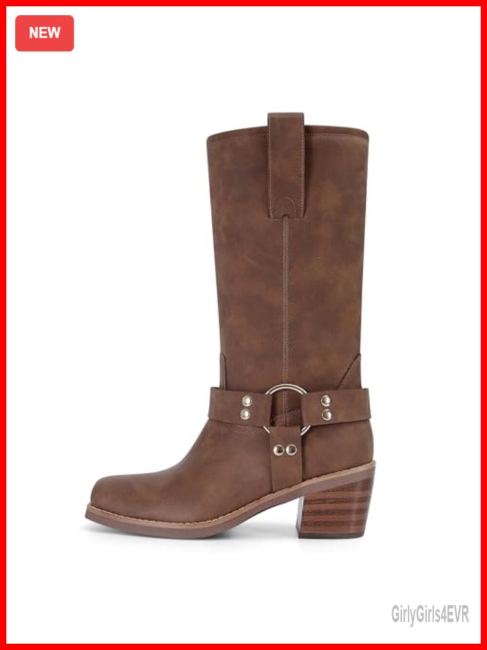 Women's Square Toe Mid Calf Biker Riding Boots Chunky Block Heel Faux Leather